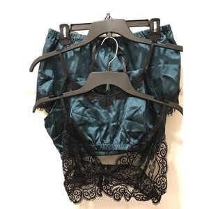 3 Piece Lingerie Lounge Set XL, Satin and Lace, Dark Green & Black